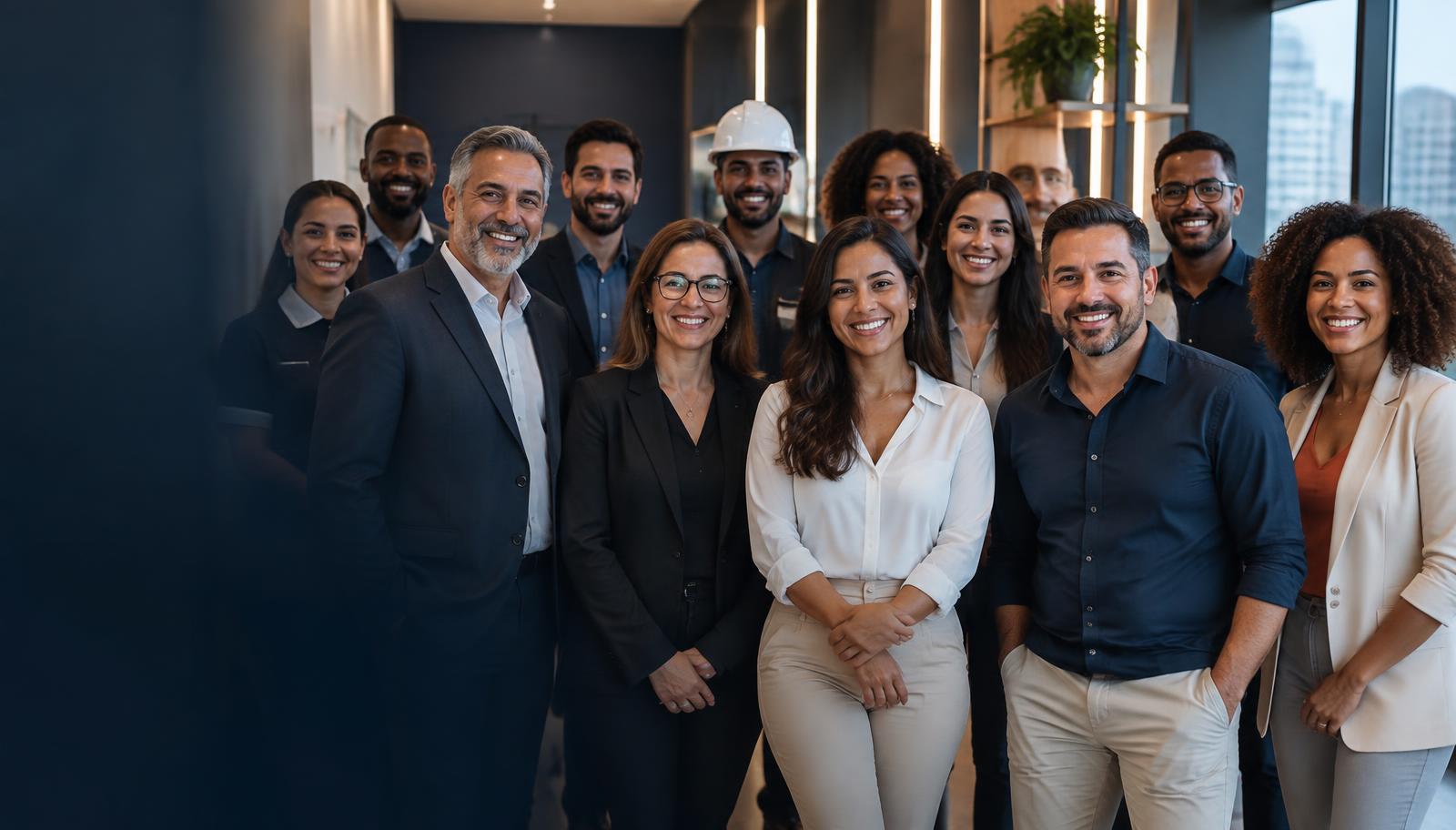 Equipe diversa de colaboradores reunida em um ambiente empresarial moderno