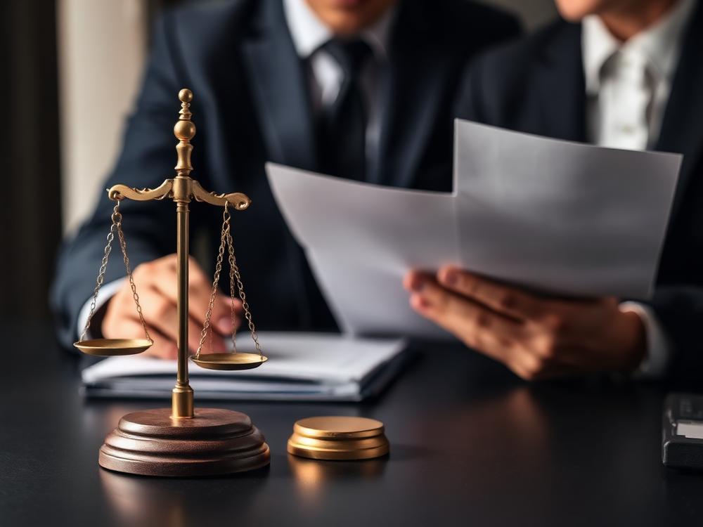 Documentos jurídicos e balança da justiça sobre mesa executiva